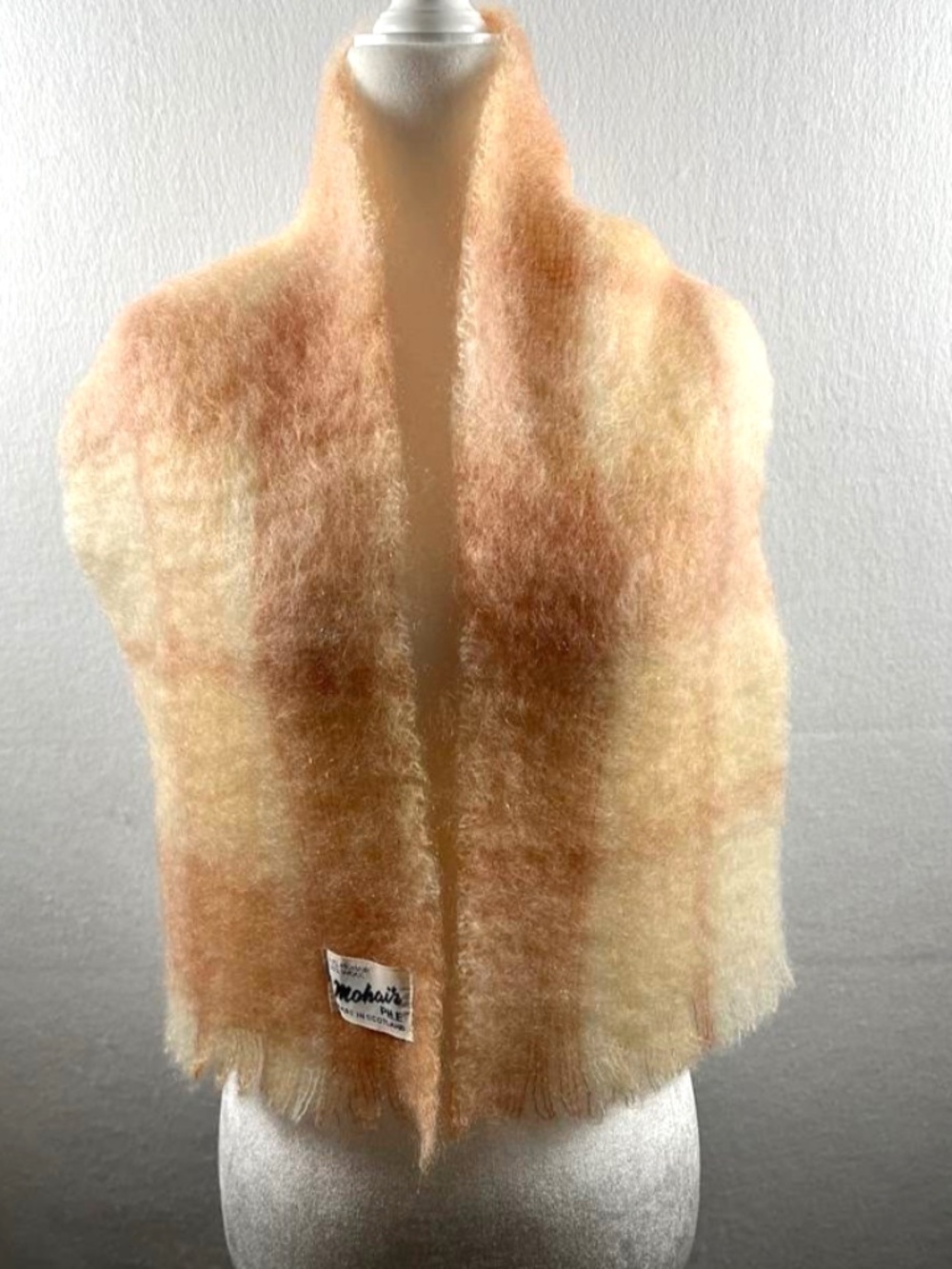 60s Fuzzy Pink & Cream Plaid Mohair & Wool Scarf 46”x 9” Scotland Cottagecore